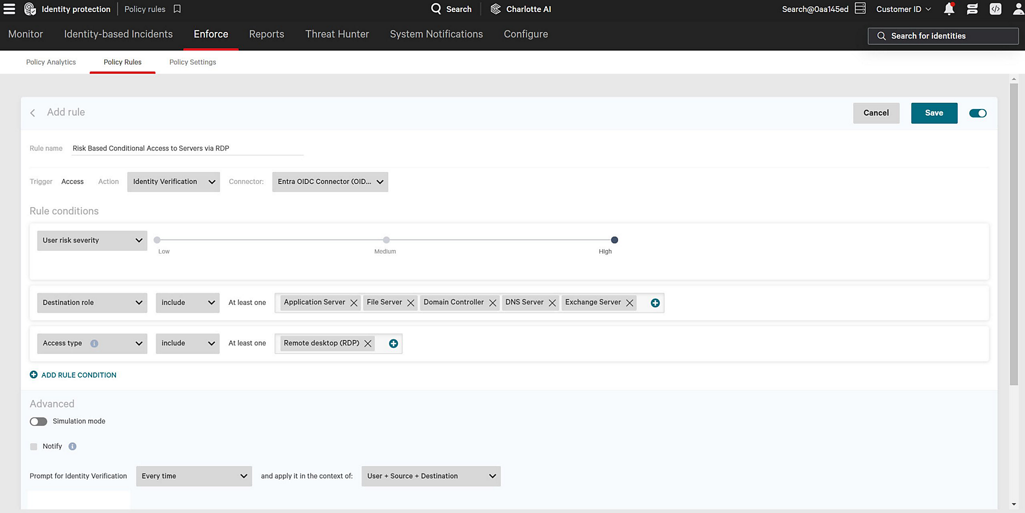 Screenshot of the Falcon platform user interface showing functionality for risk based conditional access rules. 
