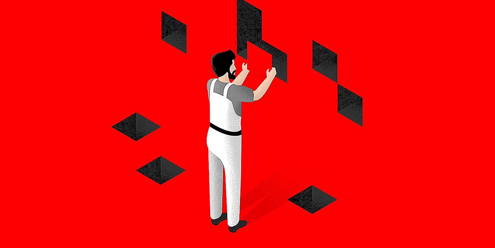 An illustration of a worker filling holes in a wall.