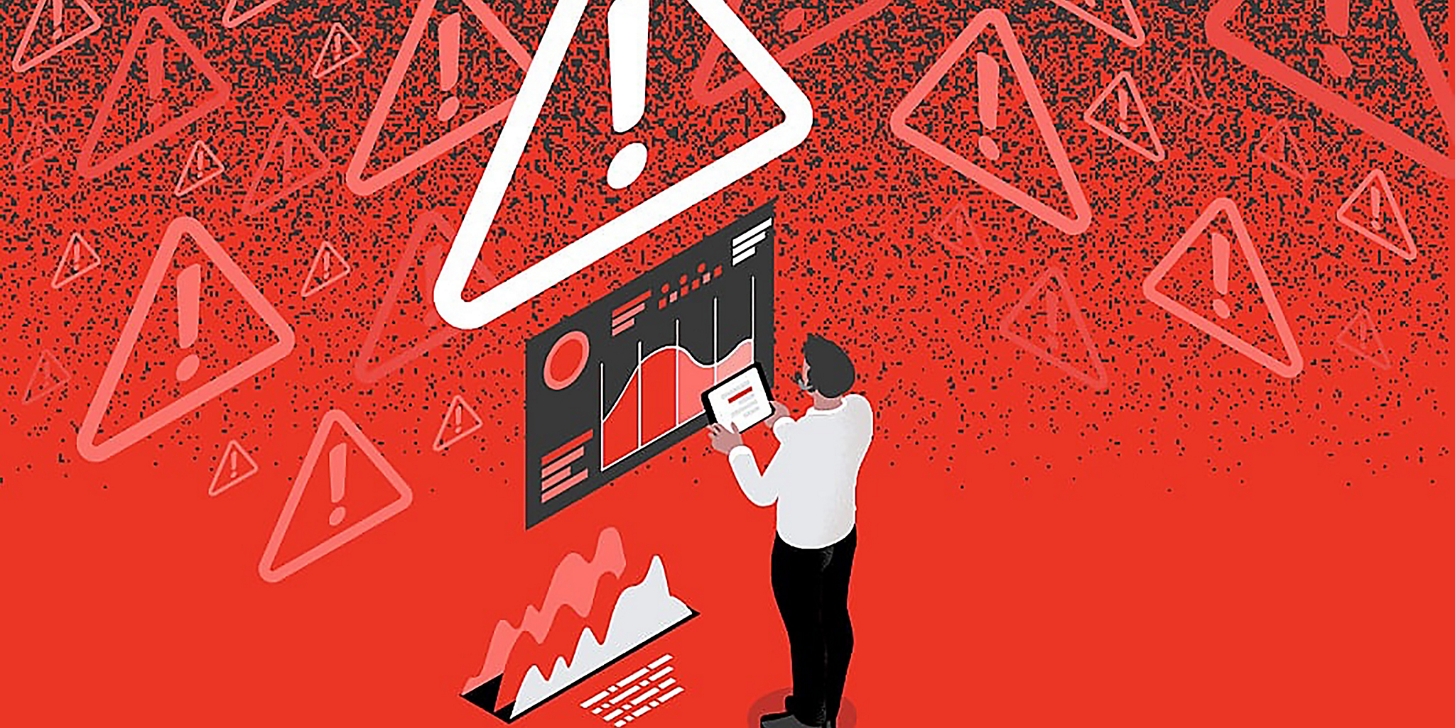 Illustration of a cybersecurity worker analyzing a graph with alert icons around it.